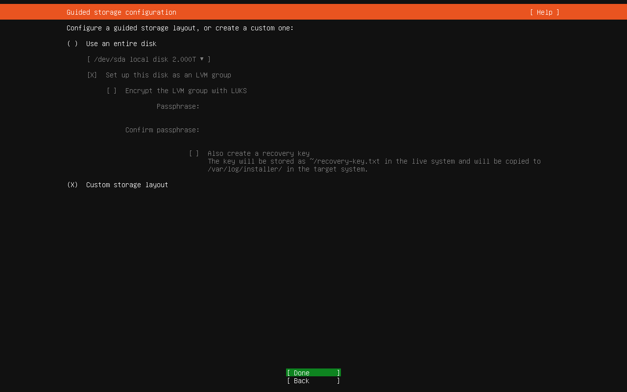 Ubuntu custom storage layout selected with Done highlighted