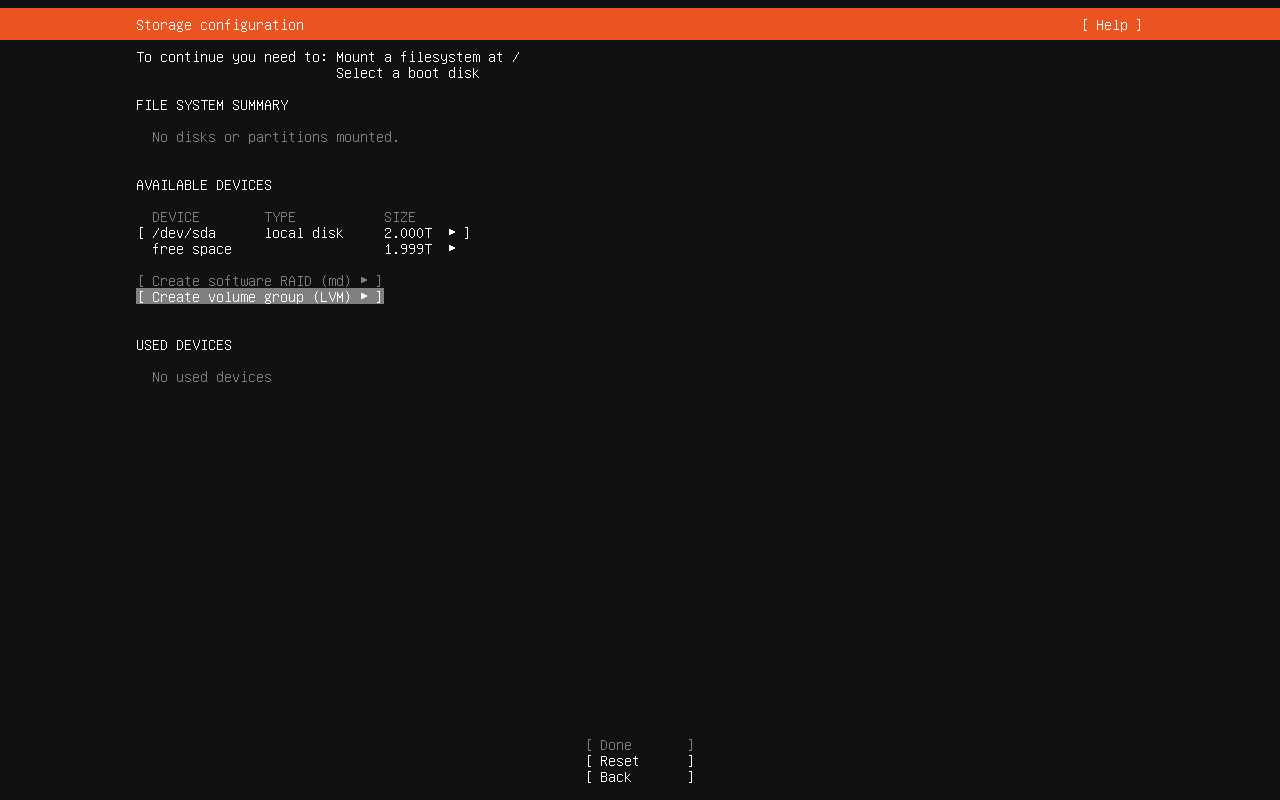 Ubuntu storage screen showing available disk and free space