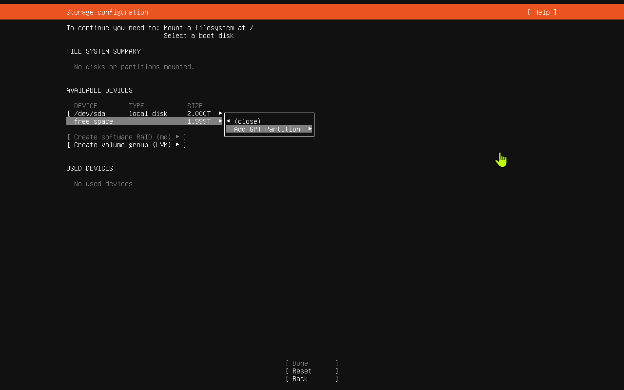 Ubuntu storage menu showing Add GPT Partition