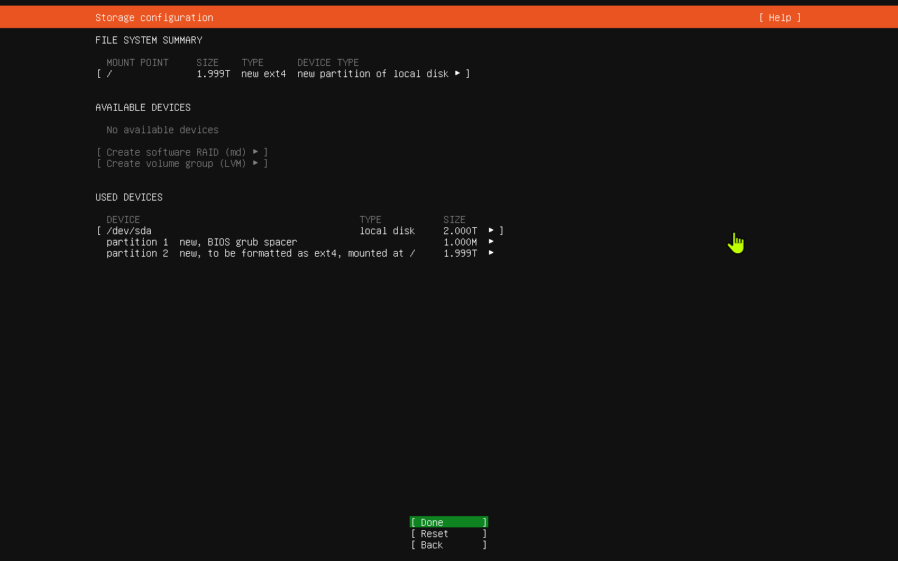 Ubuntu storage summary with root partition created