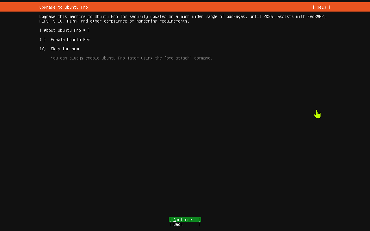 Ubuntu Pro screen with Skip for now selected