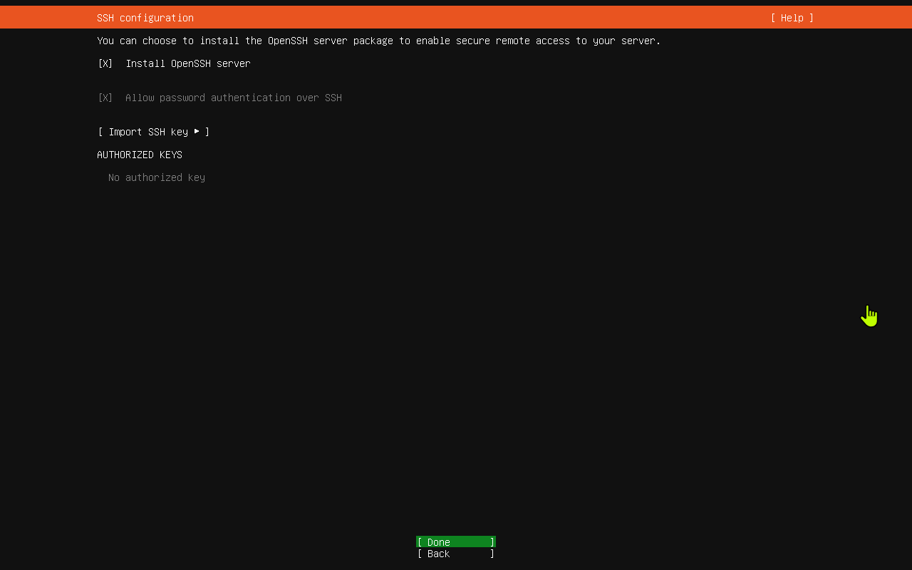 Ubuntu SSH configuration with Done highlighted