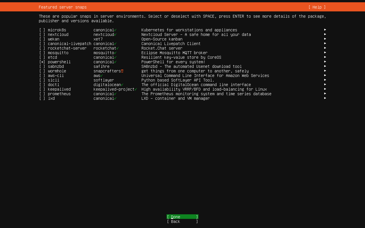 Ubuntu featured server snaps screen with Done highlighted