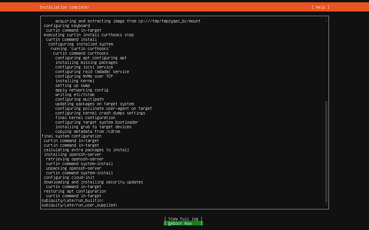 Ubuntu installation complete screen with Reboot Now