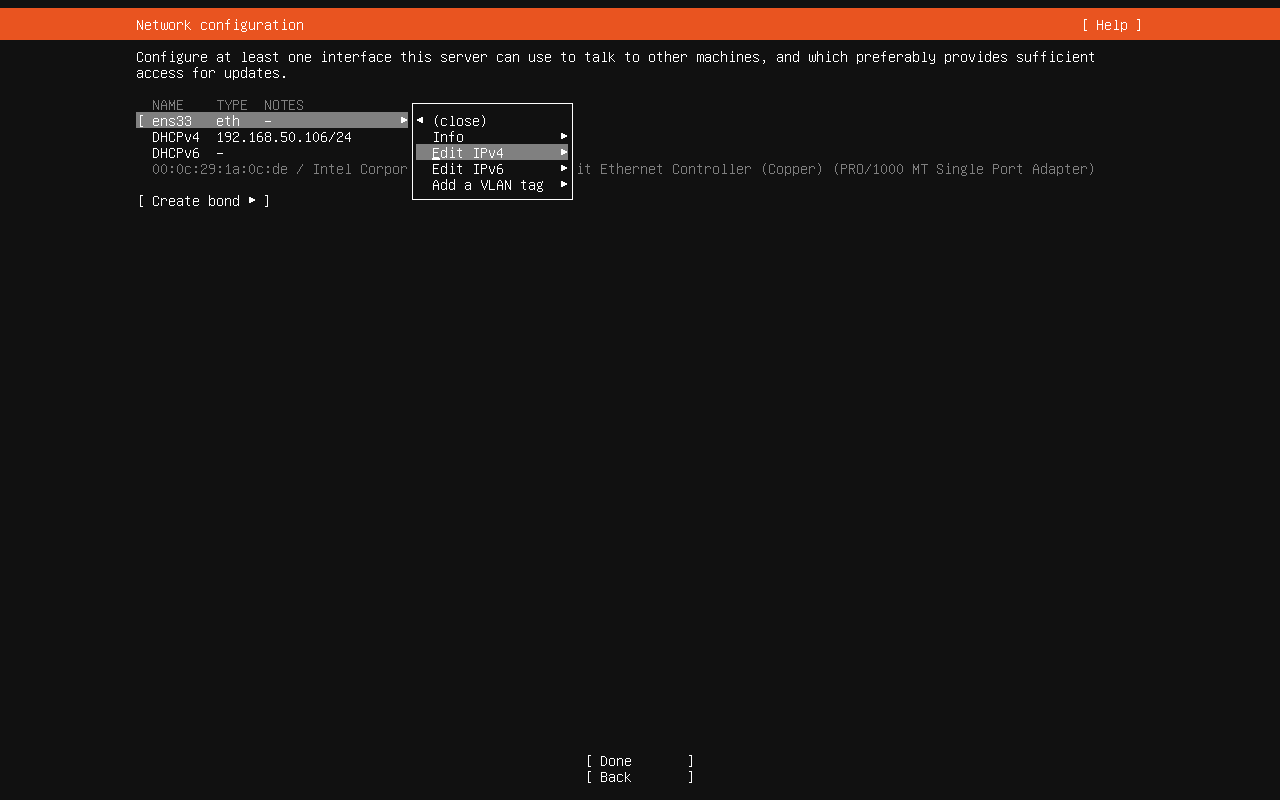 Ubuntu network card menu showing Edit IPv4