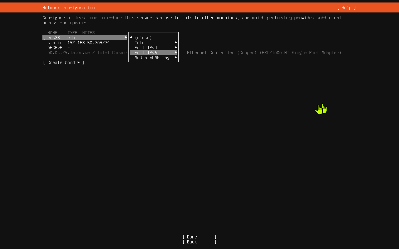 Ubuntu network screen showing static IPv4 address